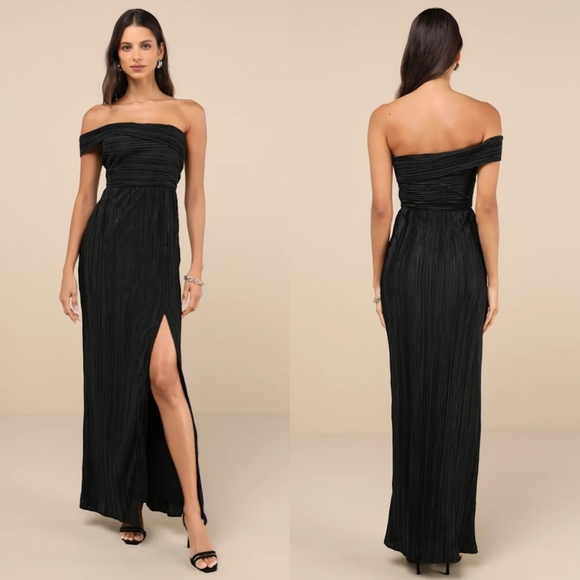 Lulus Poised Performance Black Plisse One-Shoulder Maxi Dress XL Wedding Party - Picture 1 of 9